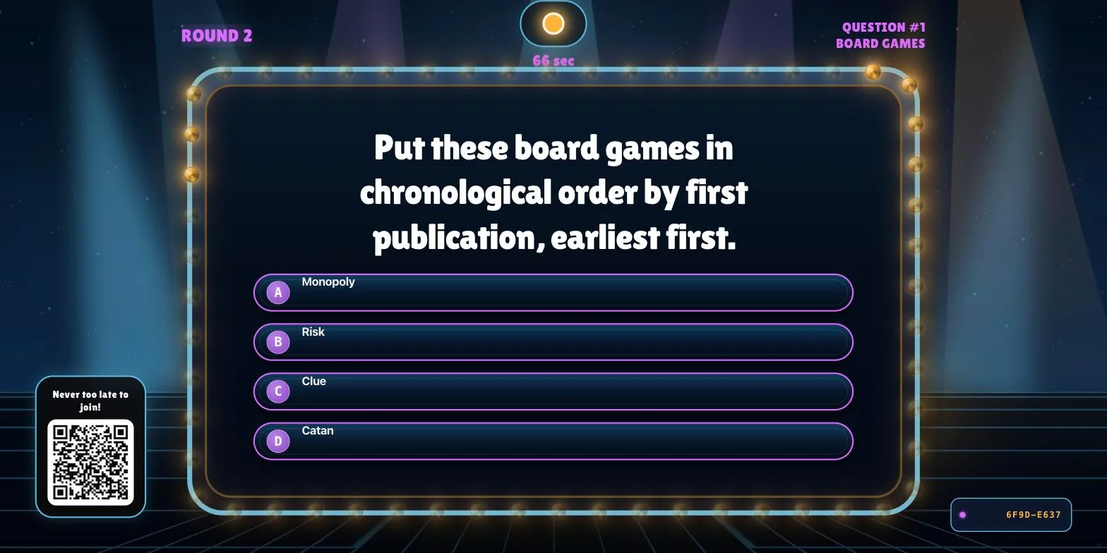 Big screen showing a list-order trivia question