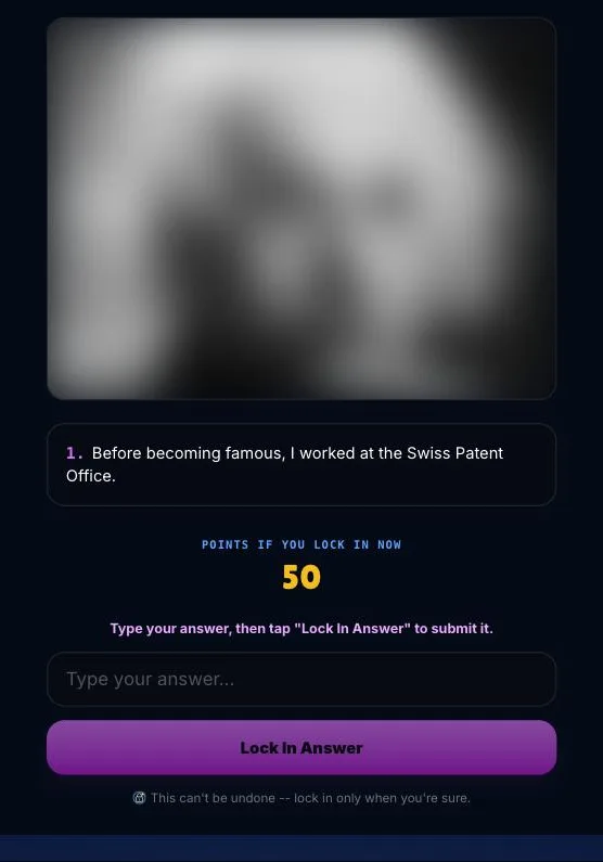 Phone screen with an answer locked in for a Who Am I round