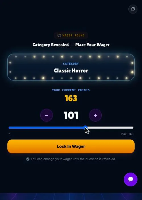 Phone screen with a wager slider set below the team's point total
